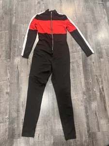 Women Stylish Long Sleeves Zipper Casual Jogging Jumpsuit Black White Red Small - Picture 1 of 3