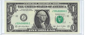 UNCIRCULATED 2021 $1 ONE Dollar Bill Note QUAD 4 of a Kind 8s Serial #J59488886C - Picture 1 of 3
