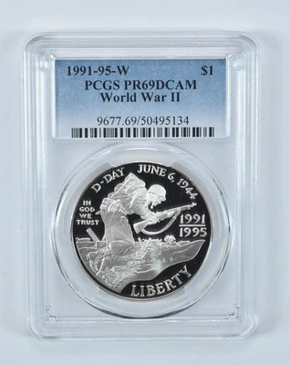 1991-95-W World War II Commemorative Dollar PR69 DCAM PCGS Blue Label *0428 - Image 1 of 4