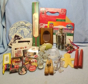 Vintage Junk Drawer Lot ~Coca~Cola Cards+ Hand Dip Candles Alabaster Moonstone - Picture 1 of 22