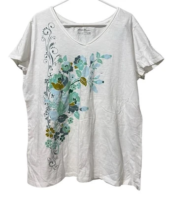 Camiseta Eddie Bauer Mujer Talla 2XL Blanca Floral Exterior Cuello en V Algodón Preppy Nueva con Etiquetas Foto 1 de 4