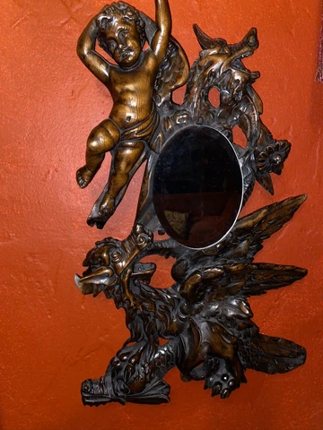 Antique Carved Wood Renaissance Wall or Standing Mirror Cherub Dragons Baroque Cover