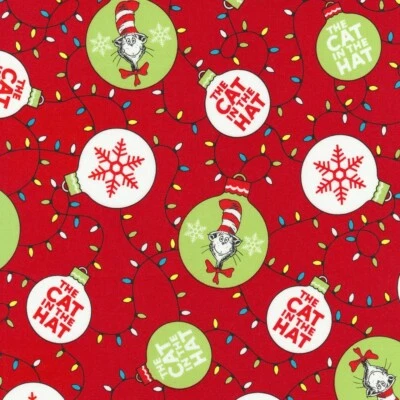 Tela Feline Drive HOLIDAY SEUSS Gato en el Sombrero Cuarto Graso Blanco (18"x 22") FQ Foto 1 de 4