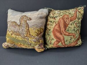 Lot of 2 Safari Animal Needlepoint Pillows- Zebra & Orangutan Ape, Katha Diddel?