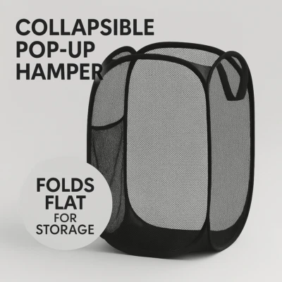 Pop Up Laundry Hamper Basket with Side Pocket – Foldable Fabric Bin for Clothes - Image 1 of 4