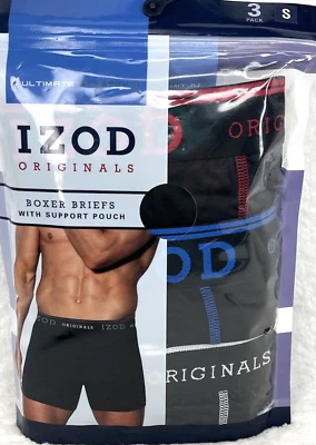 Izod Men's Boxer Briefs SZ S Small 3-Pk W/ Pouch 6" Inseam Black Logo - Image 1 of 4