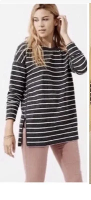 Lou & Grey 卫衣侧拉链灰色白色条纹中号法式毛圈 — 第 1/4 张图片