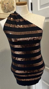 MODA International Women’s One Shoulder Top Blouse Blue Gold sequin’s Sz S NWOT - Picture 1 of 8