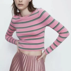 Zara Crop Top Pink & Green Striped Long Sleeve Sweater Size Medium - Picture 1 of 9