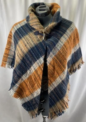 Marc New York Women’s OS NWT Blue, Brown, Orange Plaid Cape Poncho Fringe - Image 1 of 4