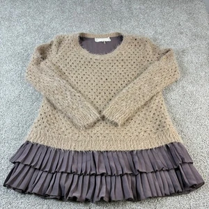 a'reve Womens Small Knit Sweater Tunic Top Brown Pleated Ruffle Hem Long Sleeve - Picture 1 of 6