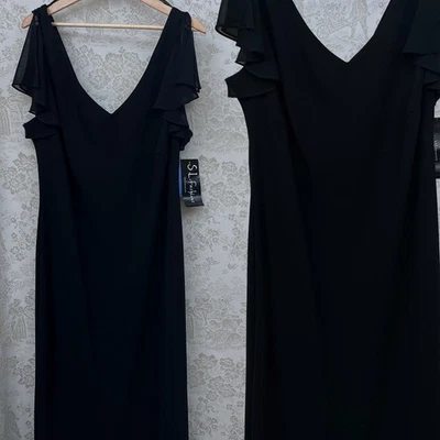 S.L. Vestido Fashions Minimalista Negro Cuello en V Volantes Maxi Formal Talla Grande 22W Foto 1 de 4