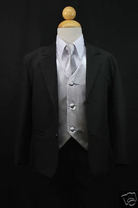 Costume smoking ragazzo bambino adolescente matrimonio formale nero argento set 5 pezzi S-20 - Foto 1 di 8