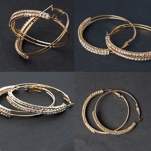 Orecchini a cerchio strass colore oro orecchini scintillanti bling bling look 4,5 cm - Foto 1 di 5