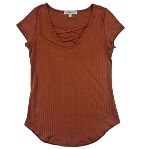 Full Circle Womens Medium Rust Orange Ribbed Striped Blouse "Lattice" Scoop Neck - Afbeelding 1 van 9
