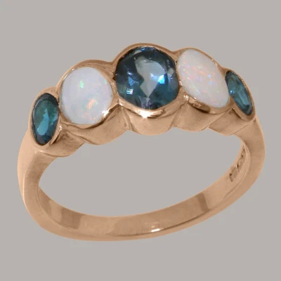 Solid 9k Rose Gold Natural London Blue Topaz & Opal Womens Band Ring - Image 1 of 4