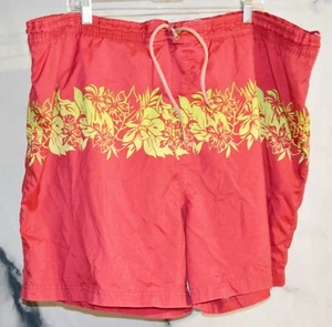 SAND N SUN Red Green Floral Print Stripe Swim Trunks XL Drawstring Waist - Picture 1 of 3