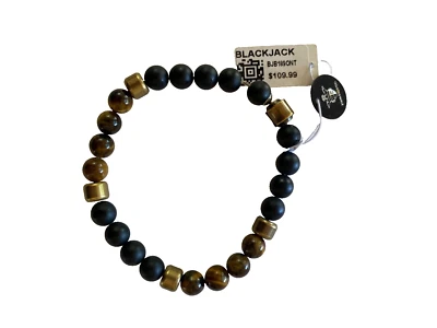 Black Jack Bracelet Genuine Onyx Tiger Eye Gold Stainless Steel Beaded BJB189ONT - Image 1 of 4