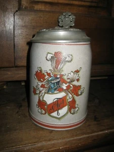seltener Krug Studentika Traunstein Merkelbach? Zinndeckel Steinzeug - Bild 1 von 6