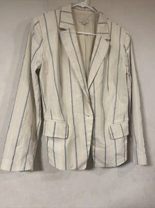 Loft linen blend  Women’s Blazer stripe Sz 12 padded shoulder, pockets, 1 button - Picture 1 of 4