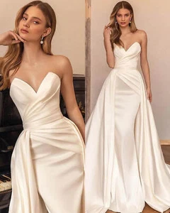 Detachable Train Elegant Wedding Dresses Sleeveless Sweetheart Ruche Mermaid - Picture 1 of 12