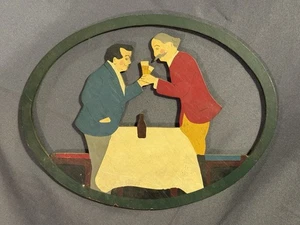 Vintage Folk Art Painted Wooden Cut Out of Pub Scene Beer & Cheer bar decor - Picture 1 of 14