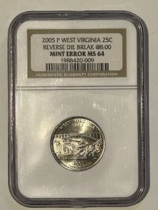 Mint Error 2005 P 25C Washington W Virginia Rev Die Break @ 8:00 NGC MS 64 /#/ - Picture 1 of 2