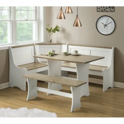 3 pc White Driftwood Breakfast Nook Dining Set Corner Booth Bench Kitchen Table - Image 1 of 4