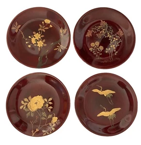 Iron Red Japanese Lacquerware 6.75” Plates w/ Gold Floral And Crane. Set Of 4 - Picture 1 of 6