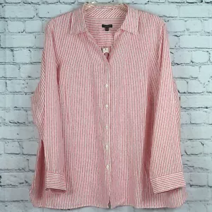 Talbots Womens Shirt Blouse 2XP Woman Petites Linen Red & White Stripes Collared - Picture 1 of 11