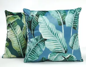 Velvet Cushion Cover Tropical Leaf Green or Blue British Made - Picture 1 of 4