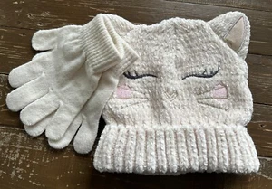 New NWOT Children Girls Beige Winter Beanie Hat & Gloves Set Kitty Cat Design - Picture 1 of 6