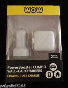 WOW PowerBooster Combo Wall + Car Chargers Compact USB Charge, 2 USB Port