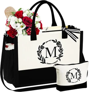 Christmas Gifts for Women - Initial Canvas Tote Bag & Makeup Bag, Birthday Gifts - Picture 1 of 12