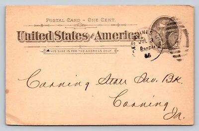1894 UX12 US Postal Card BANKERS LIFE ASSOCIATION DES MOINES Receipt CORNING IA - Image 1 of 3