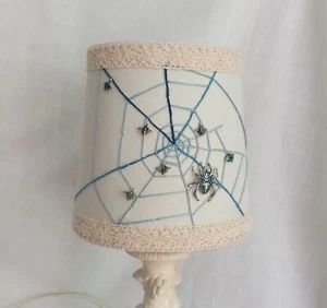 Hand made upcycled OOAK Blue & cream white Spider Web Small Lampshade 6" - Picture 1 of 5