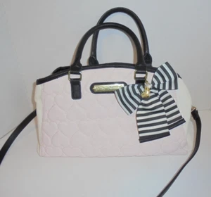 Betsey Johnson Pink Quilted Heart Big Bow PU Satchel w/ Shoulder Strap - Picture 1 of 15