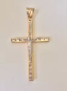 14K Yellow white Solid gold Crucifix Cross Religious Pendant Lab Created Diamond - Picture 1 of 5