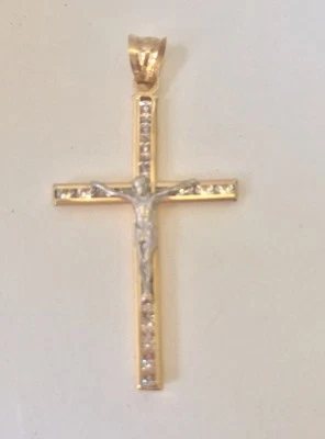 14K Yellow white Solid gold Crucifix Cross Religious Pendant Lab Created Diamond - Image 1 of 4