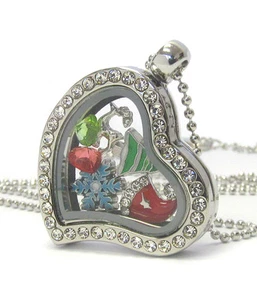 ORIGAMI-STYLE CHRISTMAS Santa Hat Tree Floating Charm Heart Locket Necklace - Picture 1 of 1