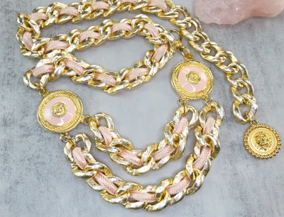 DESIGNER FRANCE 80S VTG GOLD PINK LION MEDALLION COIN CHUNKY CHAIN BELT RUNWAY - Image 1 of 4