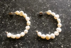 Natural White Freshwater Cultured Baroque Pearl Hoop Earrings Elegant Minimalist - Picture 1 of 10