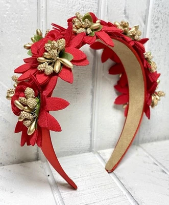 Floral Headband Fashion Artificial Red Flowers Hair Accessory Gold Accents - Image 1 of 4