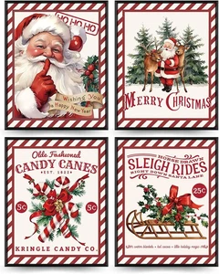 Vintage Christmas Decor, Christmas Wall Art Prints Set of 4, Retro Christmas San - Picture 1 of 12