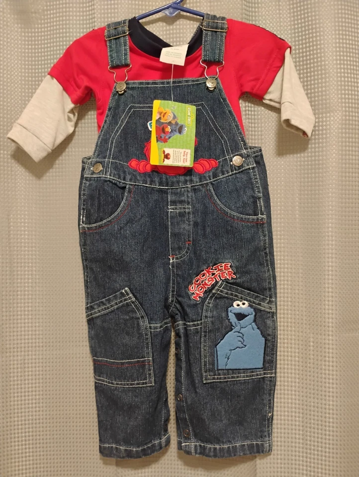NWT Sesame Street Elmo And Cookie Monster Denim Overalls /Long Sleeve Tshirt 12m - Image 1 of 4