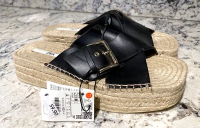 Sandalias de cuña de yute gruesas ZARA para mujer talla 9 EU 40 correa con hebilla negra nuevas con etiquetas Foto 1 de 4