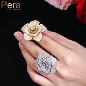 Big Flower Finger Rings - Cubic Zirconia Yellow Gold Silver Color Ring Jewelry - Picture 1 of 15