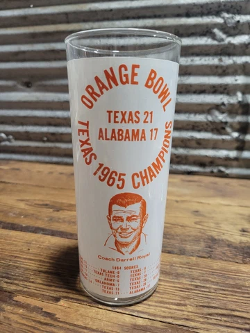 Vintage 1965 Texas Longhorns Football Orange Bowl Glass Tumbler TX Darrell Royal Cover