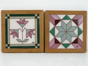 2 geometrische Keramik Fliesen Untersetzer Art Deco Magenta türkis gerahmt 80er Set ITALIEN - Bild 1 von 6