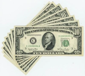FR#2010C $10 1950 (8) Eight Fed. Reserve Notes Philadelphia AU/UNC Crisp DC-6109 - Picture 1 of 2
